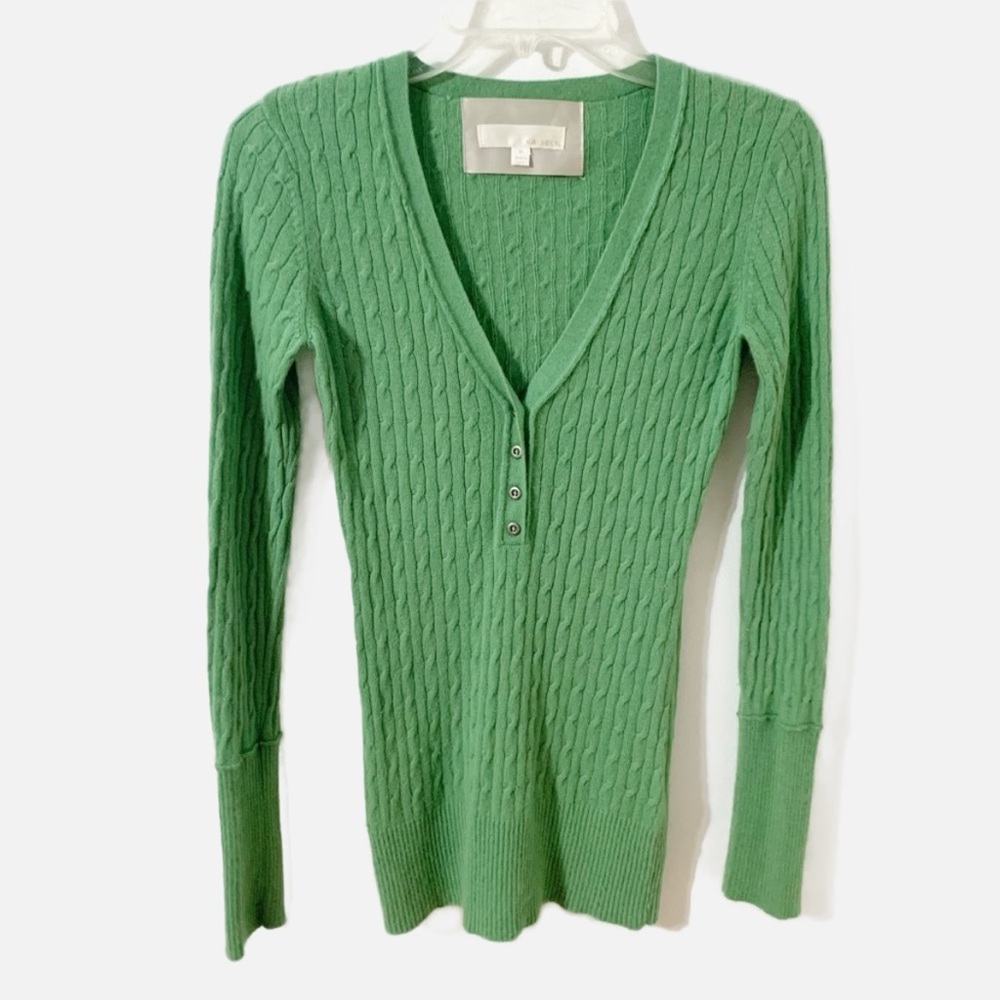 Kaisely Nylon Angora Lambswool Blend Fine Cable Knit V-neck Part Button Sweater